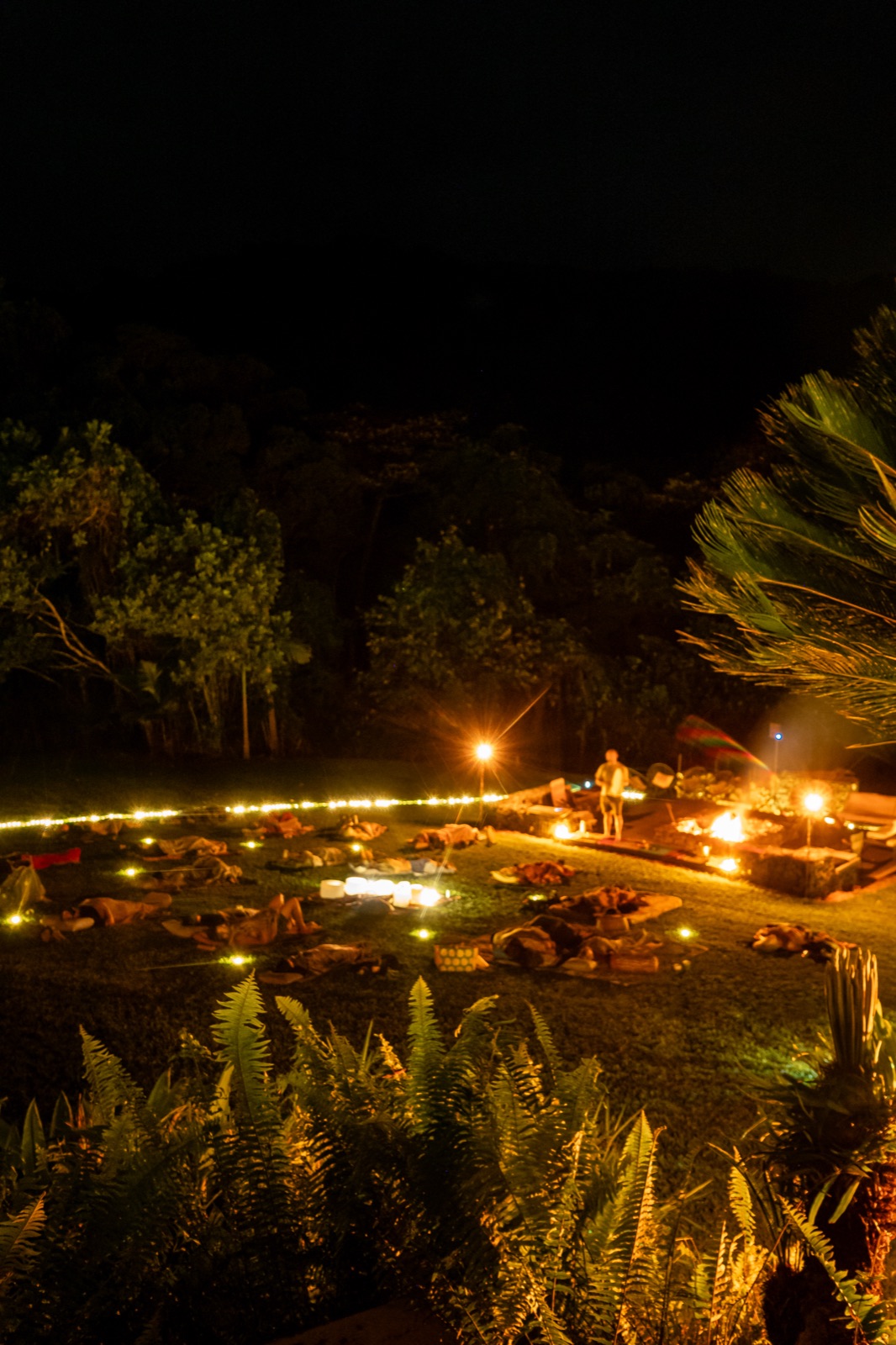 Looking down over the circle at rest, ringed by fairy lights